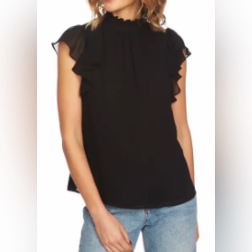 1.STATE Flutter Short Sleeve Smocked Neck Blouse XXL Black. Classic Style!!! NWT